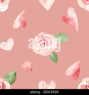 Valentinstag oder Hochzeit nahtloses Aquarellmuster mit fliegenden rosa Herzen und Rosen. Aquarell handgezeichnete Illustration auf rosafarbenem Hintergrund. Für Stockfoto