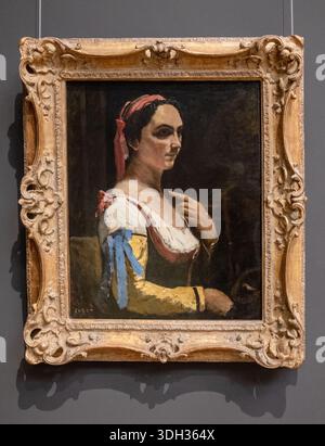 Italienische Frau von Jean Baptiste Camille Corot - ein originelles Kunstölgemälde auf Leinwand im kunstvollen Rahmen Stockfoto