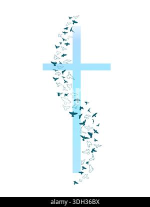 Kreuz und Vögel. Happy Easter Hand gezeichnet. Nicht AI, Vektordarstellung Stock Vektor