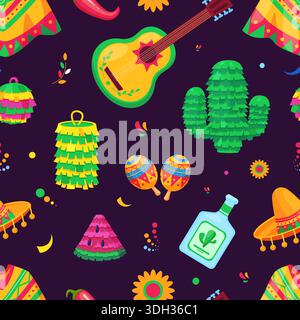 Traditionelles mexikanisches Festival nahtloses Muster. Poncho, Sombrero-Hut, Maracas und Kakteen. Tequila-Flasche und Pinatas. Cinco de Mayo, Vektorhintergrund Stock Vektor