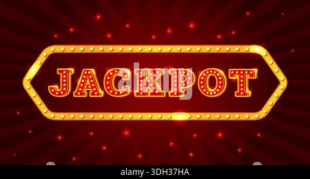 Banner für die Jackpot-Glühlampe. Big Win Casino Spielautomat Spielhintergrund, Retro-Schilderstil glänzende Glühbirnen Lampenpreisträger Vintage vegas Letter, Kicky Vektor Illustration Original Artwork Stock Vektor