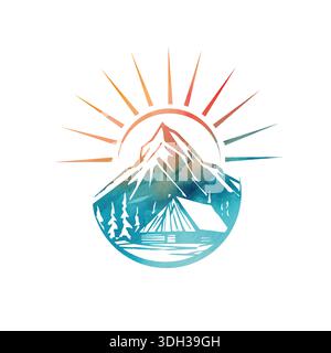 Mountain und Sun Logo in Farbe. Handgezeichnet. Nicht AI, Vektordarstellung. Stock Vektor