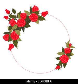 Ein schöner Kranz aus leuchtend roten, üppigen, anmutigen Rosen und Knospen für Ihr Design. Vektorabbildung isoliert auf einem weiß Stock Vektor