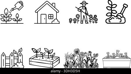 Vektorsymbole für Gartenarbeit: Bewässerung von Pflanzen, Haus, Gärtner, Pflanzen, Zaun, Sämling-Bett, Blumen und Pflanzkasten. Stock Vektor