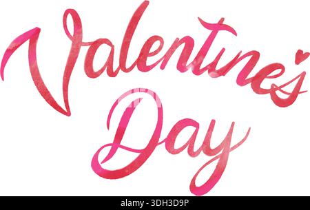 Handgemalter Aquarelltext „Valentinstag“ in Rosa- und Rottönen mit einem kleinen Herzakzent. Stock Vektor