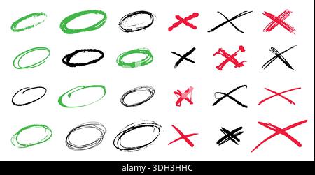 Kreise und X-Zeichen für Ihre Notizen. Sammlung von handgezeichneten Elementen für Kontrollkästchen oder Listen. Validierungssymbole Stock Vektor