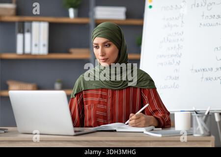 Islamischer Lehrer im Kopftuch sitzt am Schreibtisch und schaut auf den Laptop Stockfoto