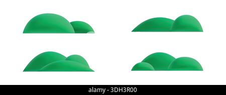 Set aus grünen 3D-Bergen und Hügeln. Niedliche grüne Cartoon-Landschaft Ikonen im Freien isoliert auf weißem Hintergrund Stock Vektor