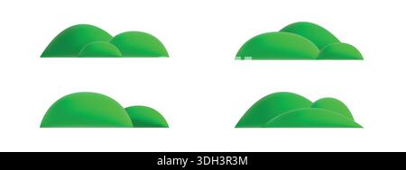 Cartoon 3D Grün Gras Hügel Set. Gerenderte Symbole für Außenlandschaften isoliert auf weißem Hintergrund Stock Vektor