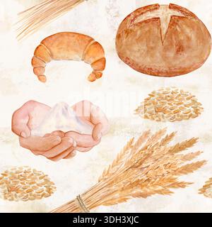 Halbmondbrötchen, rundes Brot, Weizenkörner, Mehlsack. Nahtloses Aquarellmuster auf beigefarbenem Hintergrund mit perfekt für Bäckerei Verpackung, Küche Stockfoto