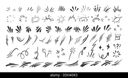Comic Speed Lines, Bursts, Pfeile, Blast Splash Lightning und Collage Emphasis Marks Action Anime Effects Set. Handgezeichnete Doodle-Elemente mit schwarzer Tinte für ausdrucksstarkes Manga-Design. Vektorabbildung Stock Vektor