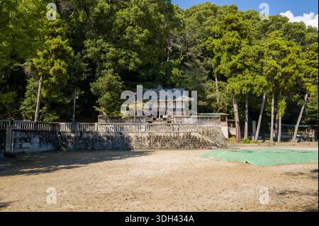 Shirarahama, Japan - 25. Oktober 2023: Ein traditionelles japanisches Tempelgebäude mit gekacheltem Dach befindet sich hinter einer Steinmauer und ist von hohen Bäumen und dichtem Wald unter klarem Himmel umgeben. Stockfoto