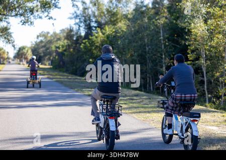 Eine Rückansicht eines Mannes und einer Frau, die mit weißen Elektrofahrrädern auf einem gepflasterten, von Bäumen gesäumten Naturpfad fahren. Ein dritter Radfahrer ist sichtbar, der auf einer Liege fährt Stockfoto