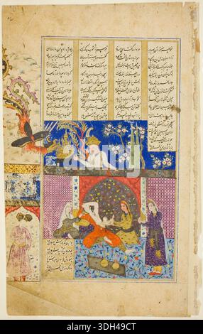Die Geburt Rustams, Seite aus einer Kopie der Shahnama von Firdausi, Safawiden-Dynastie, um 1620, iranisches Miniaturbild, das die Geburt des legendären Helden mit Dienern und höfischen Figuren in einem kunstvollen Garten darstellt Stockfoto