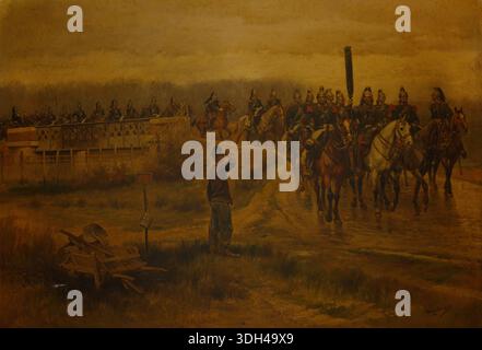 Mon Ancien Regiment von Jean Baptiste Edouard Detaille, 19. Jahrhundert, Soldaten zu Pferd, die sich in der Nähe von Befestigungen in nebeliger Landschaft versammelten Stockfoto
