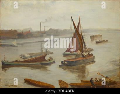 Grau und Silber: Old Battersea REACH von James McNeill Whistler, 1863, vertäute Fischerboote und Lastkähne auf der Themse mit Industriegebäuden am Wasser und Rauchschornsteinen Stockfoto