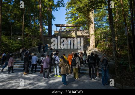 ISE, Japan - 29. Oktober 2023: Eine Menschenmenge steht und spaziert an der Eingangstreppe zum Kotai Jingu-Hauptschrein in Ise Jingu, umgeben von hohen Bäumen und bewaldeten Flächen bei Tageslicht. Stockfoto