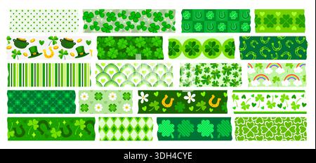 Irisches Washi Tape für St. Patrick Feiertage, grüne Klebestücke mit Schamrock, Vektorbänder. St. Patrick Washi Tape mit Muster aus Kobold Hut, Kleeblatt und goldenem Hufeisen mit Herzen Stock Vektor