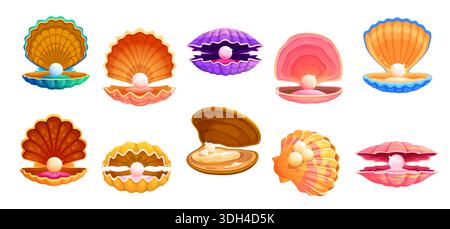 Cartoon Perle Shell Jakobsmuscheln, Austern oder Muscheln, isolierte Vektor Muscheln Set. Offene Muscheln mit Meeresmuscheln, farbige Muscheln mit kostbaren Perlen im Inneren. Unterwasser-Schätze-Set Stock Vektor
