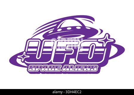 Space Aliens UFO Retro Y2K Symbol oder Emblem. Universum Außerirdisches Leben funky Vektorzeichen, Alien Raumschiff Vintage Ikone. Galaxy Invader Emblem oder Symbol mit lila fliegenden Untertasse und Typografie Stock Vektor