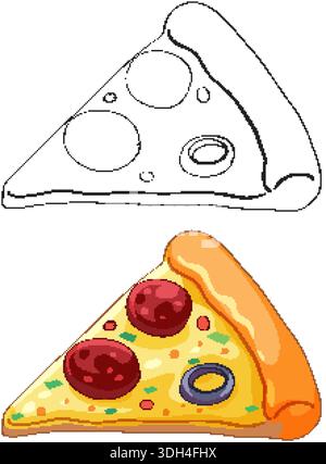 Ein Pepperoni-Pizzablatt, das sowohl im farbigen Cartoon-Stil als auch in der schwarzen Linie präsentiert wird Stock Vektor