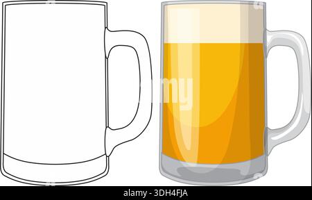 Zwei Bierkrug Illustrationen, darunter eine einfache Strichzeichnung und eine farbige Version mit Schaum Stock Vektor