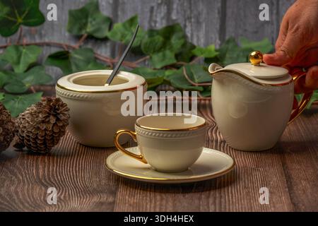 Eine Person hält eine Teekanne und eine Tasse auf einem Holztisch. Der Tisch ist von ein paar Tannenzapfen und Efeublättern umgeben. Die Szene gibt ein gemütliches und W Stockfoto