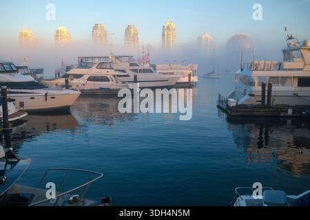 Ein Yachthafen an einem nebeligen Tag auf False Creek mit Ferienwohnungen und Science World in der Ferne, Vancouver, BC. Stockfoto