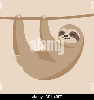 Niedliches Faultier, das an einem Zweig hängt, mit einem entspannten Lächeln in sanften neutralen Tönen Stock Vektor