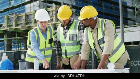 Diskussion, Planung und Bauingenieure vor Ort mit Zusammenarbeit für Infrastrukturprojekte. Besprechung, Papierkram und Team von Baumitarbeitern Stockfoto