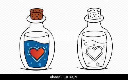Magic Love Trank Flasche Illustration mit Herz-Symbol und Kork Stopper Cartoon Art Parfümflasche Linie Kunst und Farbe Version für Valentinstag und F Stock Vektor