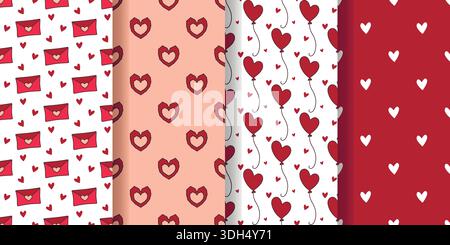 Set mit nahtlosem Muster für Valentinstag, Hochzeiten und Feiertage. Hintergrund mit Herzen in roten Tönen. Romantischer, liebevoller Druck für Fliesen, Cover, Textilien Stock Vektor