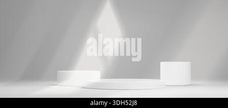 Weißes Podium-Set mit weichen Schatten und minimalem Design. Sauberes 3D-Plattformdisplay mit zylindrischen Tischen auf grauem Hintergrund. Moderne Produktpräsentation mit geometrischen Sockeln und heller Studiobeleuchtung Stock Vektor