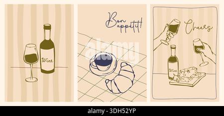 Handgezeichnete französische Poster mit Skizzen für Wein und Käse, Kaffee und Croissants. Illustrationen der italienischen Speisekarte mit Flaschen-, Glas- und Café-Elementen. Vintage-Kritzeleien mit Partyzitate für das Restaurant Stock Vektor