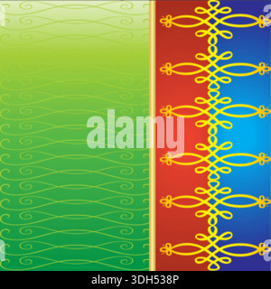 Abstrakter grüner und rotblauer Hintergrund mit kompliziertem goldenem Scrollwerk auf der rechten Seite Stock Vektor