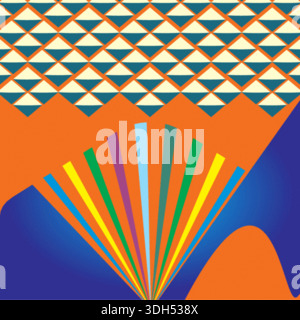 Buntes geometrisches Muster mit abstrakten Dreiecken und strahlenden Linien auf orangefarbenem Hintergrund Buntes geometrisches Muster mit abstrakten Dreiecken und Stock Vektor