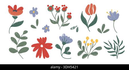 Buntstift-Kritzelblüten isoliert auf weiß gesetzt. Vektor-Illustration der netten Hand gezeichneten Pastellpflanzen, hellen Farbe Blumen Design, botanischer Garten oder Wildblumenfeld Elemente, Grußkarte Dekoration Stock Vektor