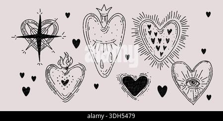 Schwarzes mexikanisches Herz-Tattoo-Set. Vektor-Illustration von Hand gezeichneten Doodle Herz-Ikonen mit Krone, Stern, brennendem Feuer, offenem und weinendem Auge, gotische spirituelle Aufkleber Sammlung, traditionelles Liebessymbol Stock Vektor