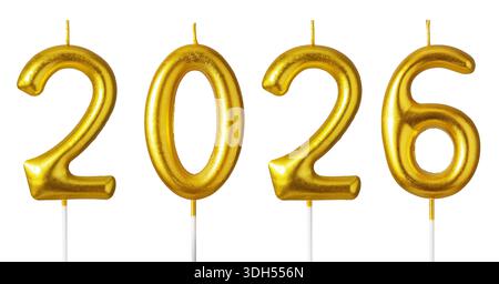 Happy New Year 2026 festliche goldene Kerzenzahlen 2026 isoliert auf weißem Hintergrund Stockfoto