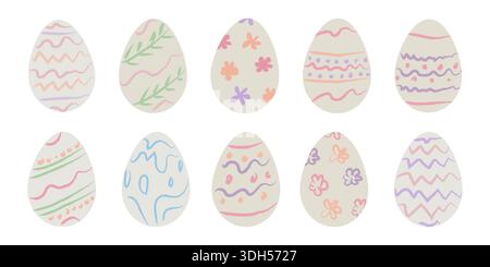 Ostereier-Clipart-Set in Pastellfarben mit handgezeichneten, unperfekten Sketch-Kritzeleien in weichen Frühlingsfarben. Wundervolle, trendige Ostereier-Kollektion im Coquette-Stil Stock Vektor