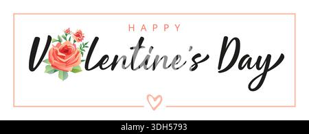 Horizontale Grußkarte zum Happy Valentine's Day mit Rosen im Vintage-Stil Stock Vektor