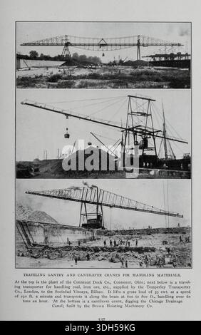 FAHRENDE PORTALE UND KRAGARMKRÄNE FÜR DEN MATERIALUMSCHLAG. Aus dem Artikel AUSHUB- UND FÖRDERMASCHINEN IN LOHNARBEITEN. Von C. H. Wright. Vom Engineering Magazine widmet sich Industrial Progress Band XXVIII Oktober 1904 - März 1905 The Engineering Magazine Co Stockfoto