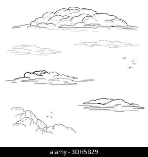 Sammlung von flauschigen Wolken in verschiedenen Formen und Silhouetten von Vögeln, schwarz-weiße Skizze. Dicke Bergwolken isoliert auf weißem Hintergrund. Stock Vektor