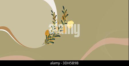 Minimalistisches olivgrünes horizontales Banner mit abstrakten geschwungenen Linien, dekorativen goldenen Zweigen und dezentem welligen Texturhintergrund Stock Vektor