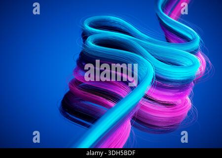 Eine fesselnde 3D-Illustration mit leuchtend blauen, rosa und lila welligen Haarsträhnen vor einem kräftigen blauen Hintergrund. Die komplizierten Details und die Farbe Stockfoto