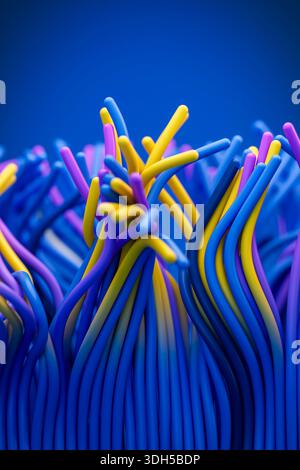 Eine fesselnde abstrakte Komposition mit einer Reihe von ineinander verflochtenen bunten Drähten mit leuchtenden blauen, gelben und lila Strängen. Die dynamischen Kurven Stockfoto
