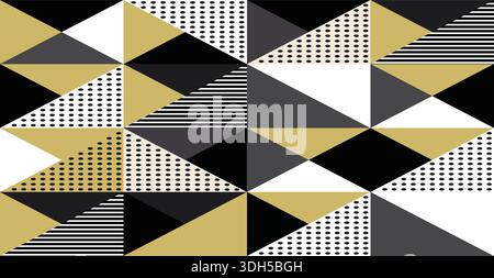 Nahtloser Hintergrund mit geometrischem Muster in Schwarz weiß und Goldgelb mit Dreiecken mit Punktstreifen und einfarbiger Füllung für Textilien Stock Vektor
