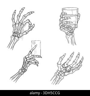 Skeletthand mit verschiedenen Gesten, Skizze. Vektorabbildung. Knochige Finger halten ein Glas Whiskey oder eine Bankkarte, isoliert auf einem weißen Hintergru Stock Vektor