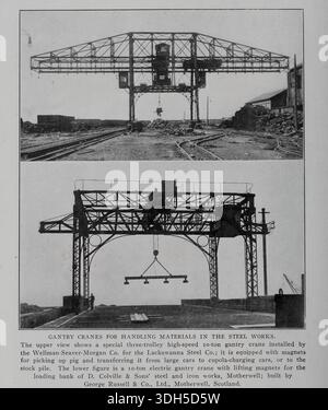 PORTALKRANE FÜR DEN MATERIALUMSCHLAG IM STAHLWERK. Die obere Ansicht zeigt einen speziellen Dreiwagen-Hochgeschwindigkeits-Lo-Ton-Portalkran, der von der Wellman-Seaver-Morgan Co. Für die Lackawanna Steel Co. Installiert wurde; er ist mit Magneten ausgestattet, um Schweine aufzunehmen und von großen Autos auf Kuppelladewagen oder auf den Lagerhaufen zu transportieren. Die untere Figur ist ein elektrischer Portalkran mit Hubmagneten für die Verladebank der Stahl- und Eisenfabrik von D. Colville & Sons, Motherwell; gebaut von George Russell & Co., Ltd., Motherwell, Schottland. Aus dem Artikel MECHANISCHE HANDHABUNG BEI DER HERSTELLUNG Stockfoto