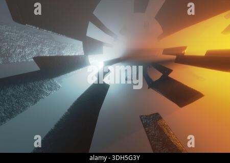 Abstraktes 3D-Rendering mit schwebenden geometrischen Blöcken in einem nebeligen Tunnel, beleuchtet von kühlem weißem Licht auf einer Seite und warmem orangefarbenem Licht auf der o Stockfoto
